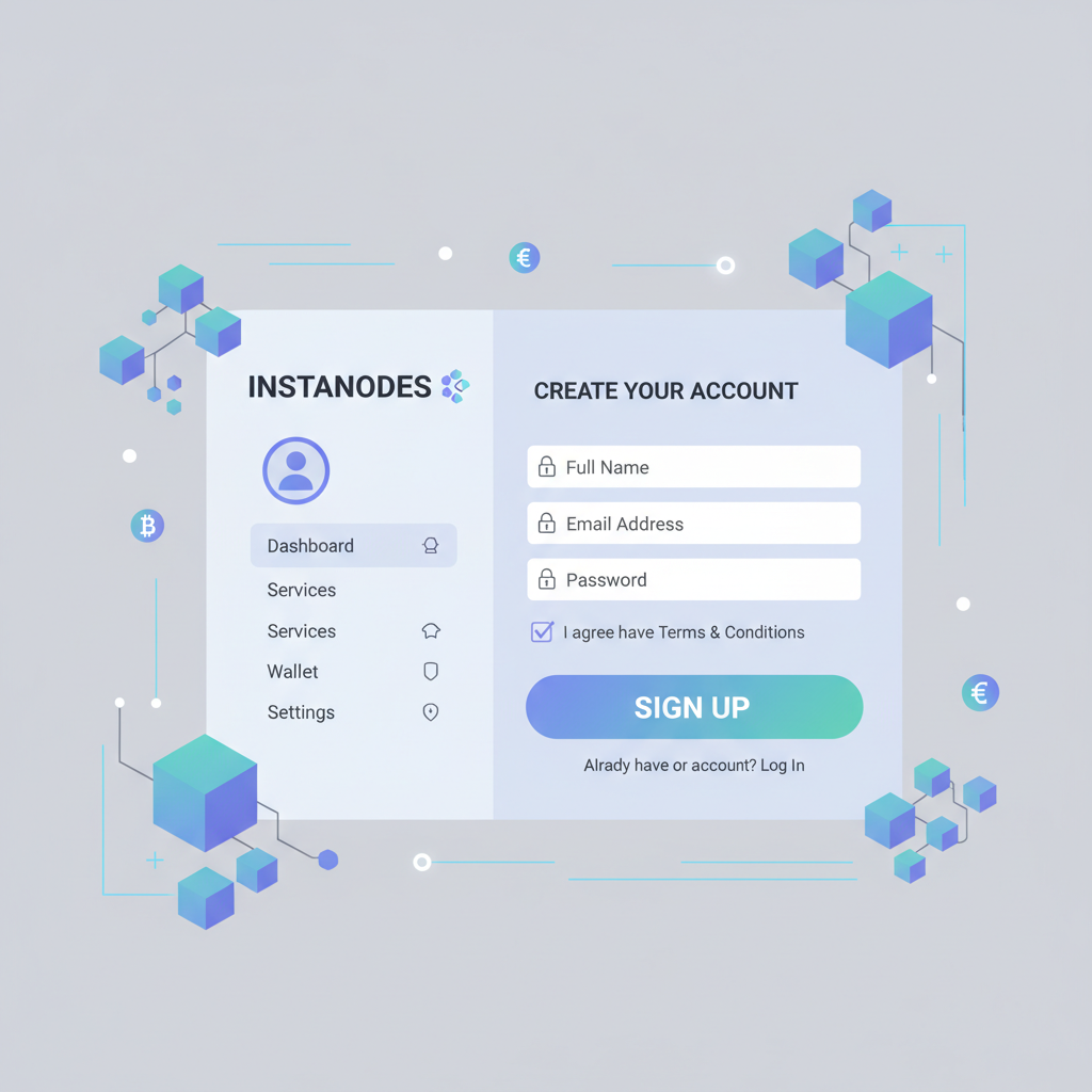 user signing up on Instanodes platform dashboard, clean modern interface, blockchain icons