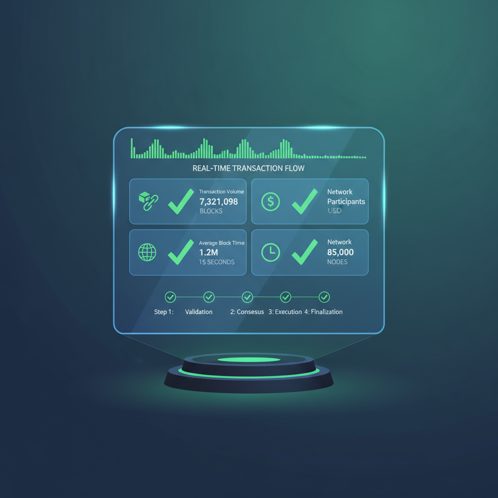 monitoring dashboard with green checkmarks, real-time blockchain metrics, holographic display