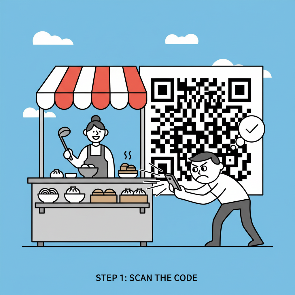 street vendor stall with huge QR code, customer scanning aggressively with phone