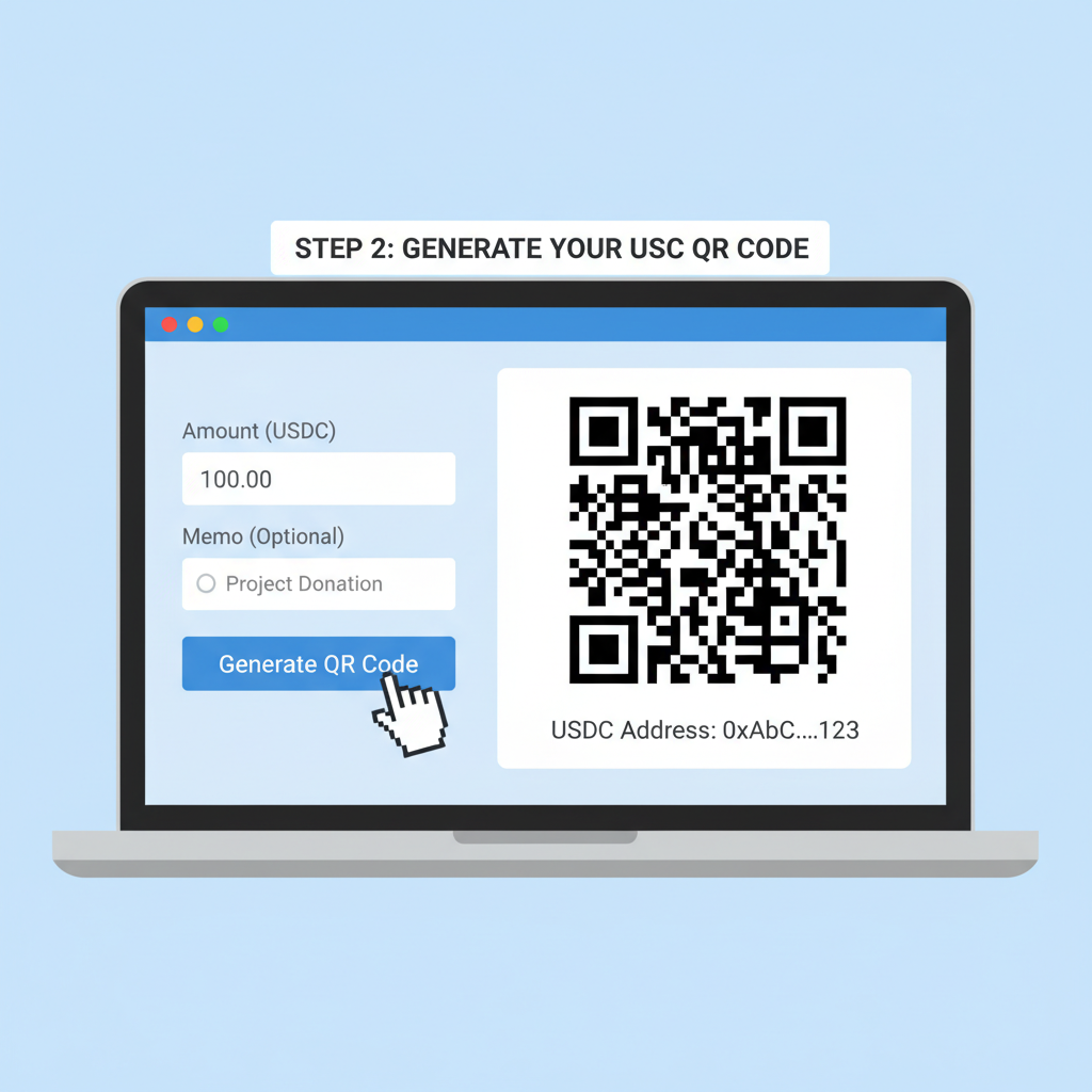 laptop screen showing USDC QR code generator creating code