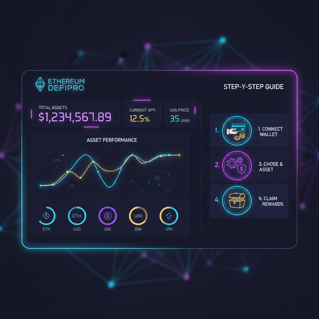 sleek DeFi dashboard homepage, Ethereum theme, neon accents