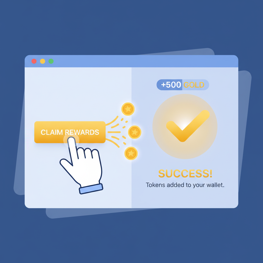 Rewards claiming interface with tokens outflow, success animation, golden glow