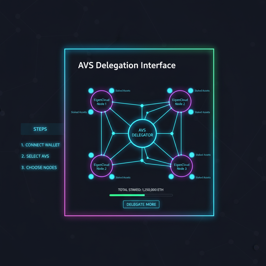 AVS delegation interface with EigenCloud nodes, network graph, neon lights