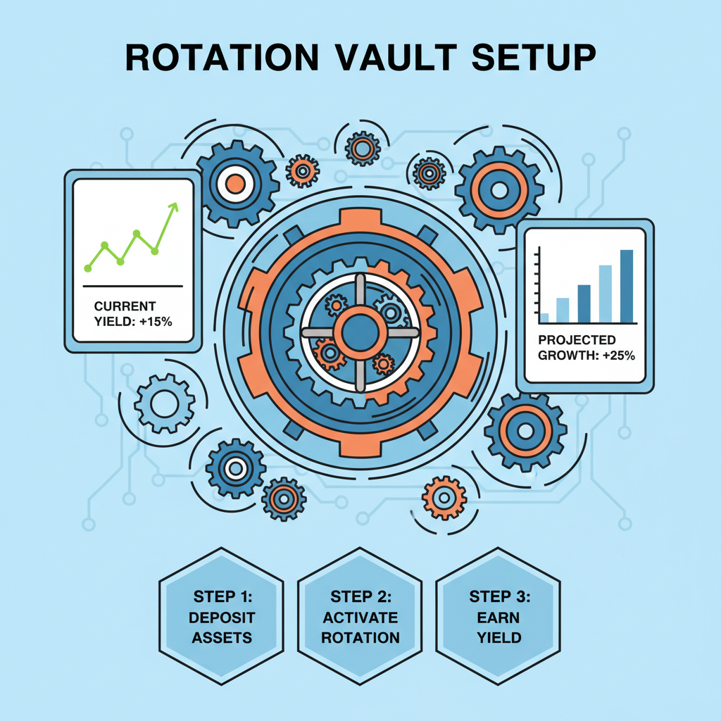 Rotation vault setup with spinning gears and yield charts, mechanical cyber design