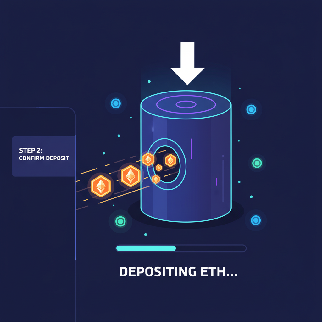 Deposit screen with ETH flowing into vault, glowing tokens, high-tech animation