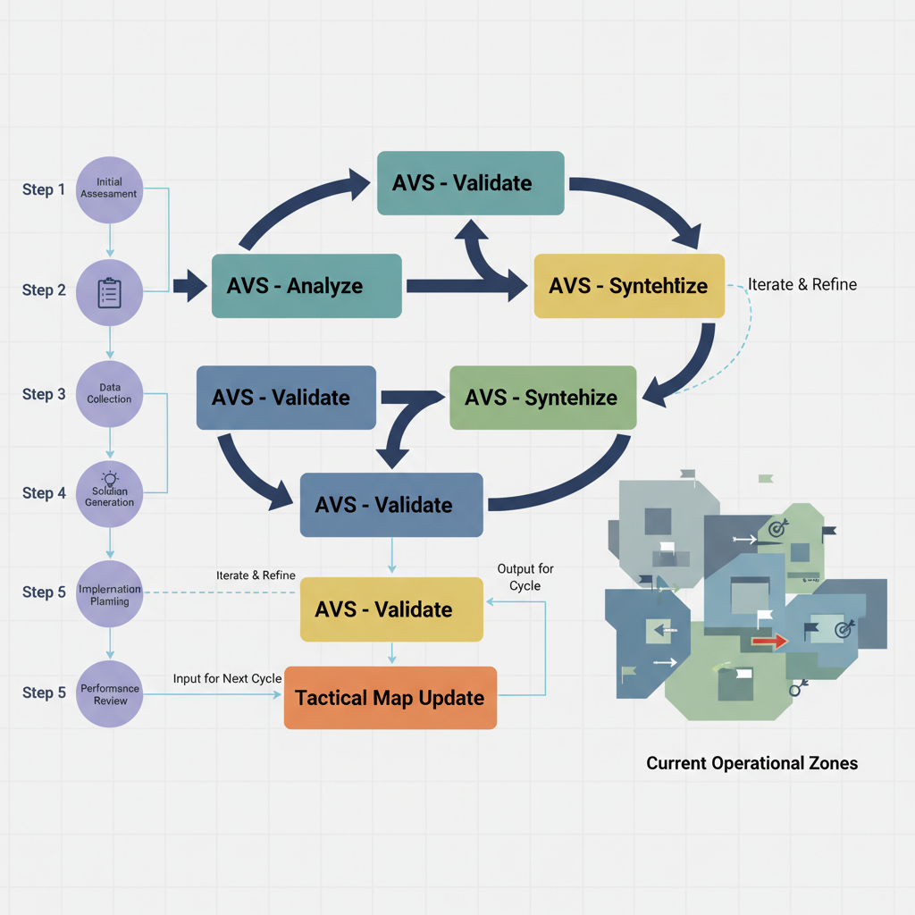 Strategy rotation flowchart with AVS nodes, arrows indicating flows, tactical map