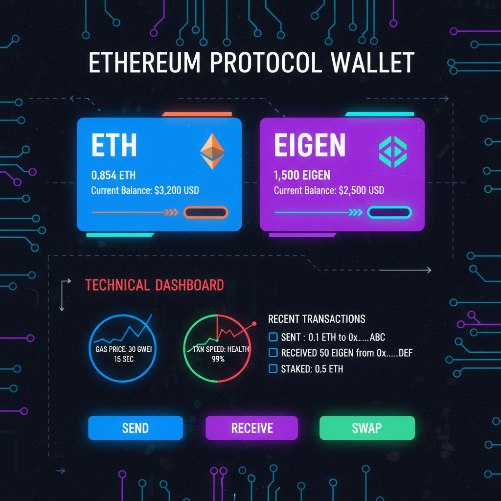 Ethereum wallet interface with ETH and EIGEN tokens, technical dashboard, cyberpunk style