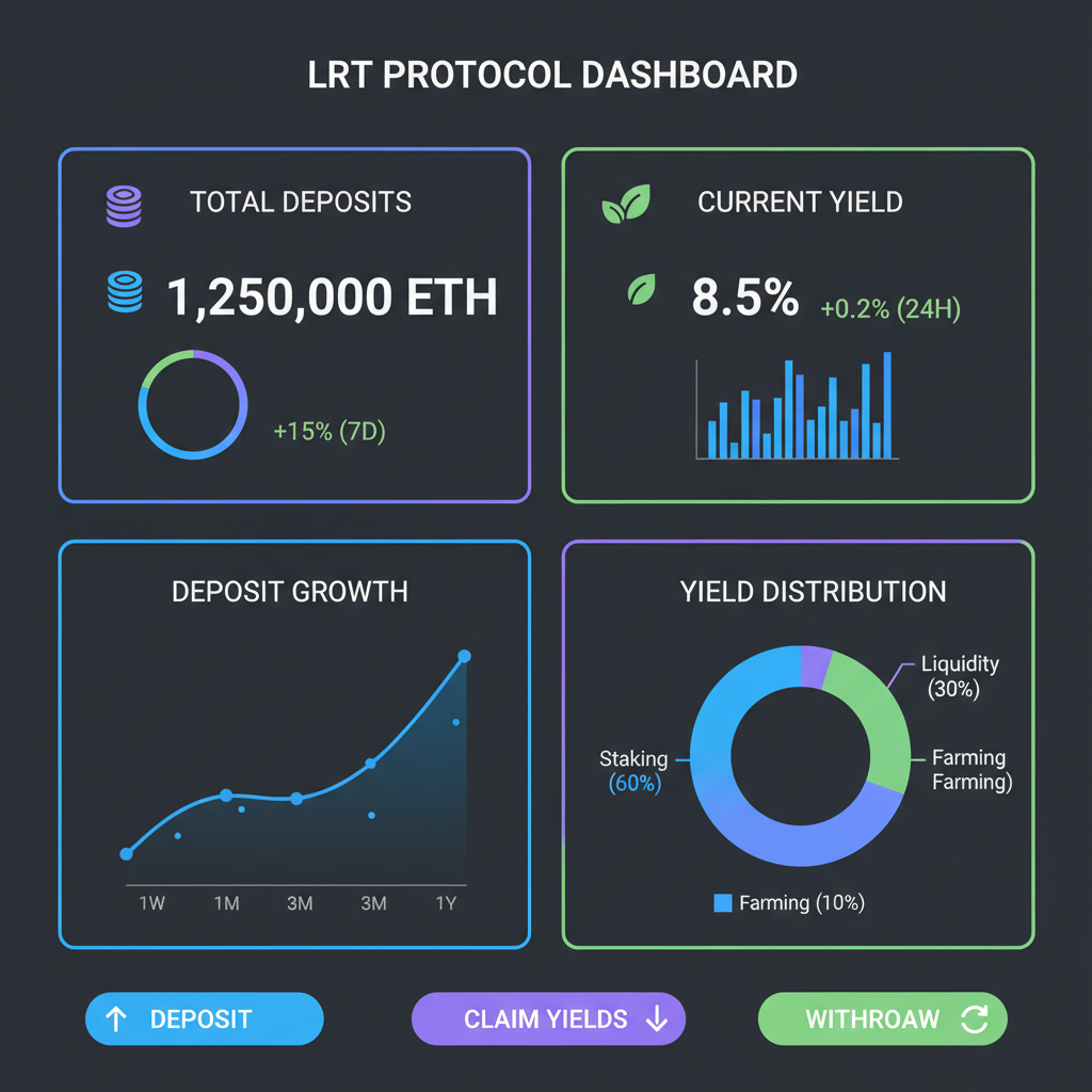 LRT protocol dashboard showing deposits and yields, charts and graphs, futuristic UI