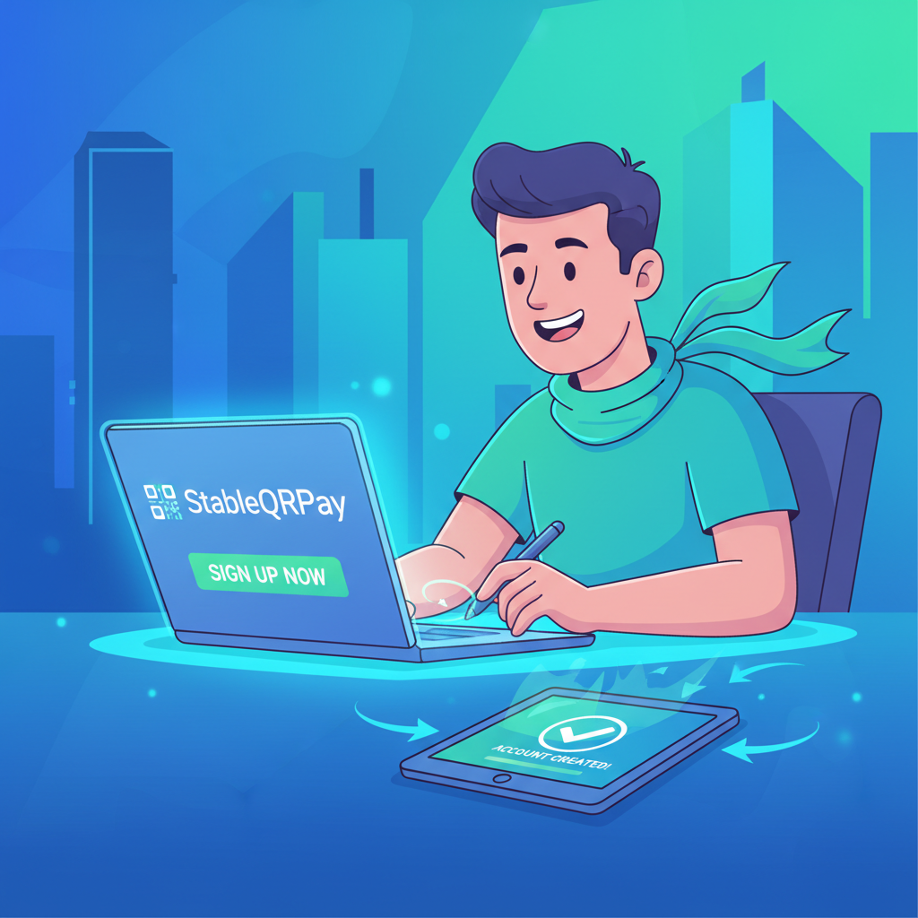 energetic merchant on laptop signing up for StableQRPay, vibrant blues and greens, futuristic UI, dynamic lighting