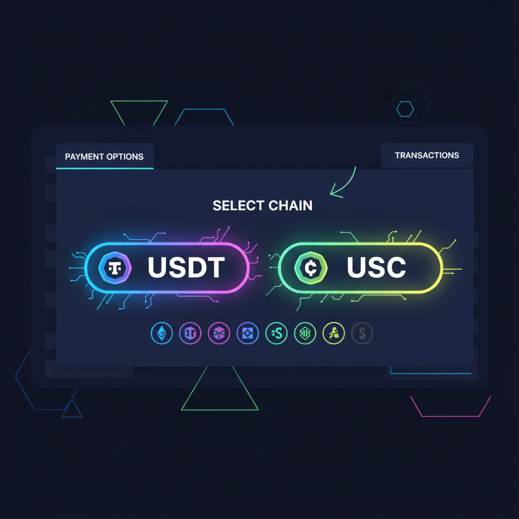 merchant dashboard selecting USDT USDC chain options, bold glowing buttons, crypto icons, high energy neon style