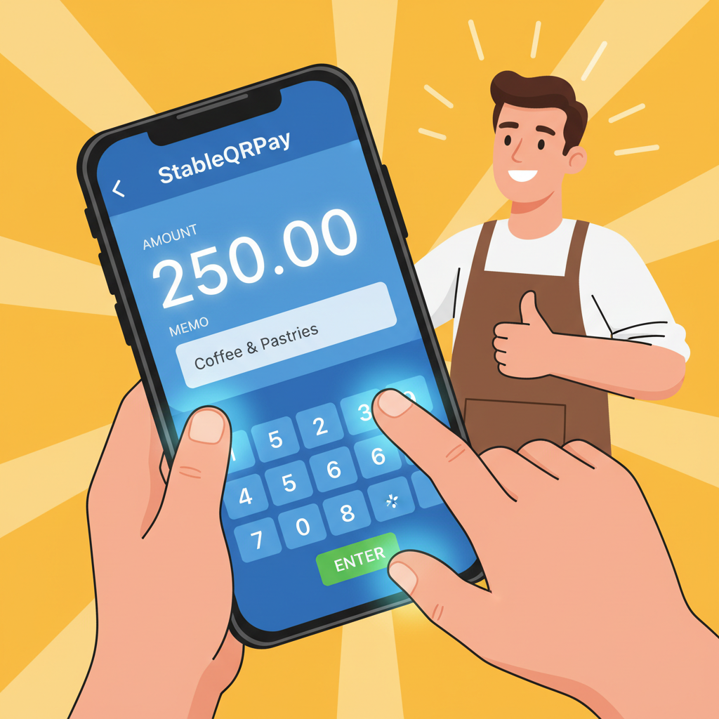 closeup hands typing amount and memo on StableQRPay app, numeric keypad glowing, confident merchant, energetic vibe