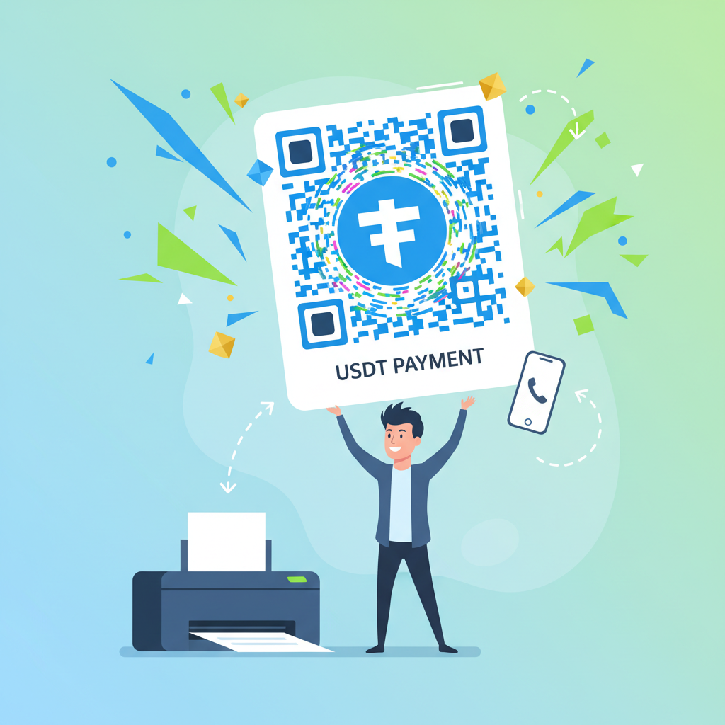 printer spitting out large colorful USDT QR code, merchant holding it triumphantly, explosive energy, crypto sparks
