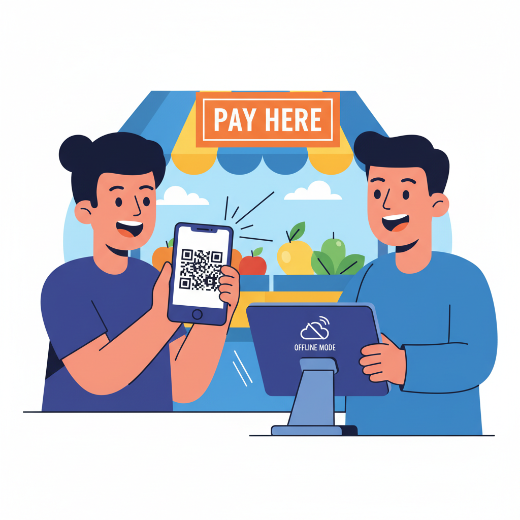 customer scanning merchant QR code with phone offline, no wifi icons, excited faces, dynamic action shot, vibrant