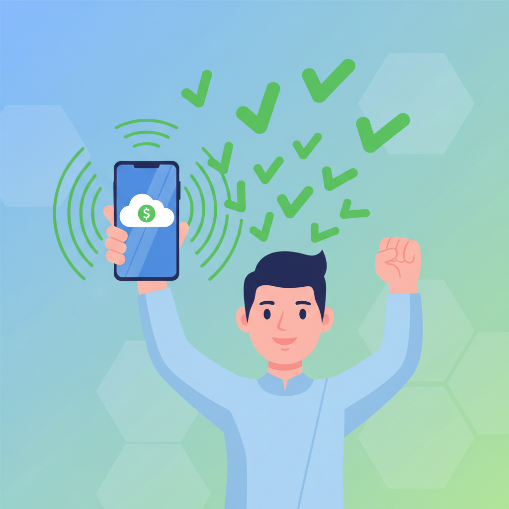 merchant phone syncing offline payments with wifi signal, green checkmarks exploding, triumphant pose, futuristic glow
