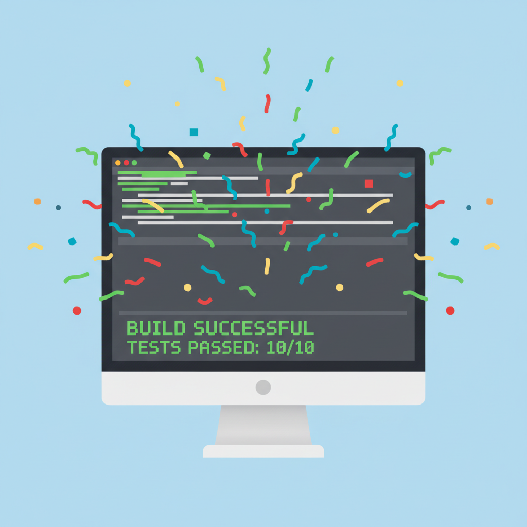 terminal screen showing successful forge build and green test passes exploding confetti