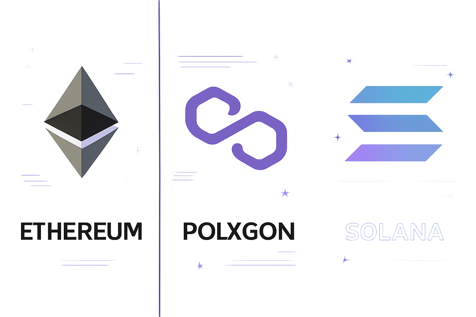 A split-screen showing Ethereum, Polygon, and Solana logos with digital effects, highlighting their differences