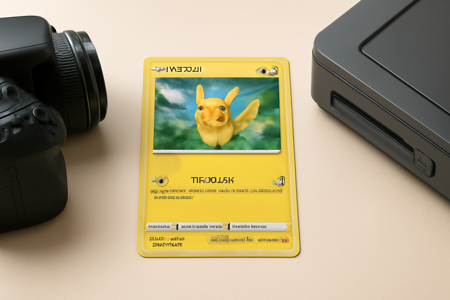 A high-resolution photo setup with a Pokémon card on a neutral background, camera and scanner nearby, bright lighting, focus on card details
