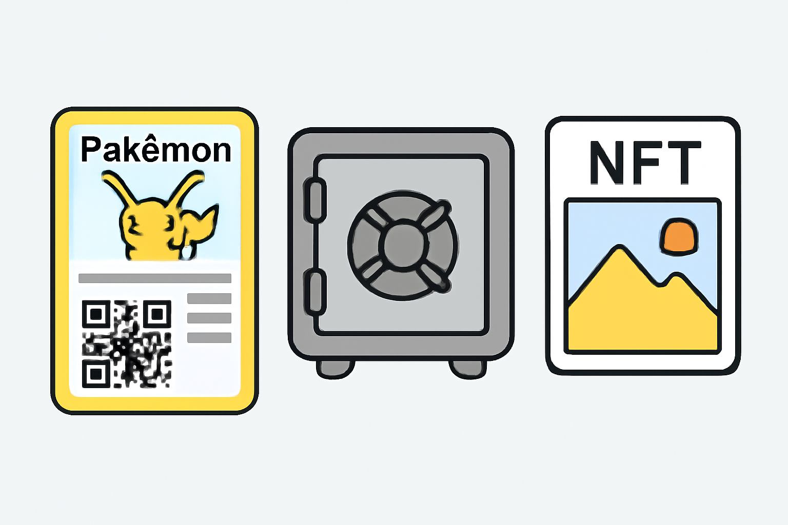 A Pokémon card with a QR code, next to a secure vault, and a digital NFT image with matching details