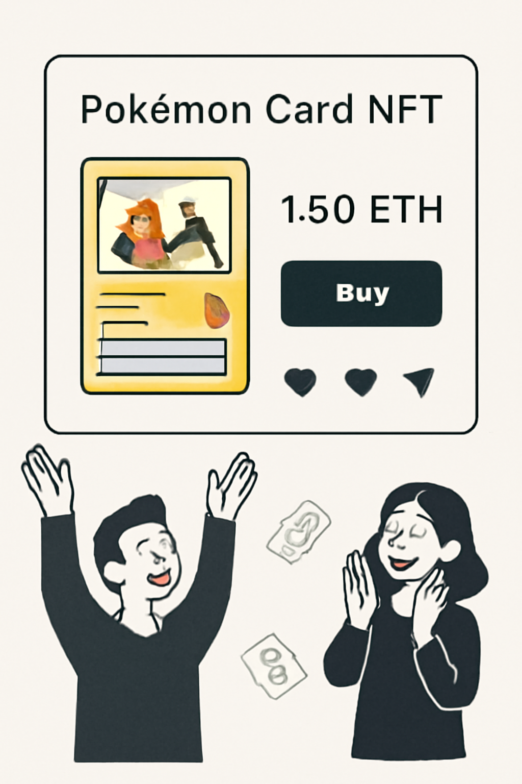 A digital marketplace listing for a Pokémon card NFT, with price tags, social media icons, and excited buyers