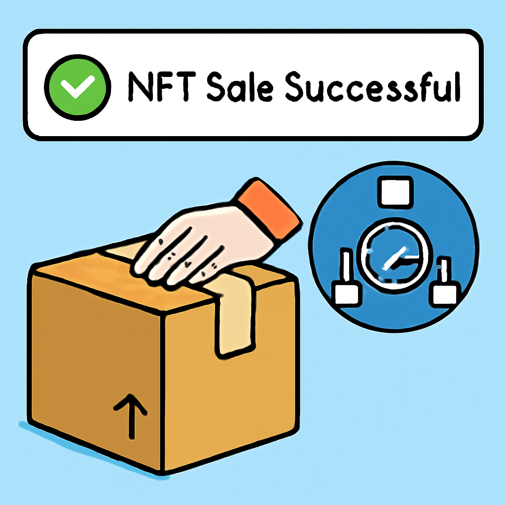 A successful NFT sale notification, with a package being prepared for shipping and a blockchain transfer graphic