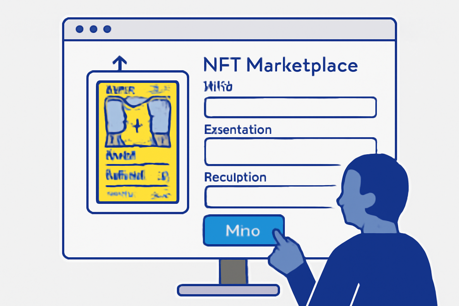 A user uploading a Pokémon card image to an NFT marketplace interface, filling out metadata, with a 'Mint' button highlighted