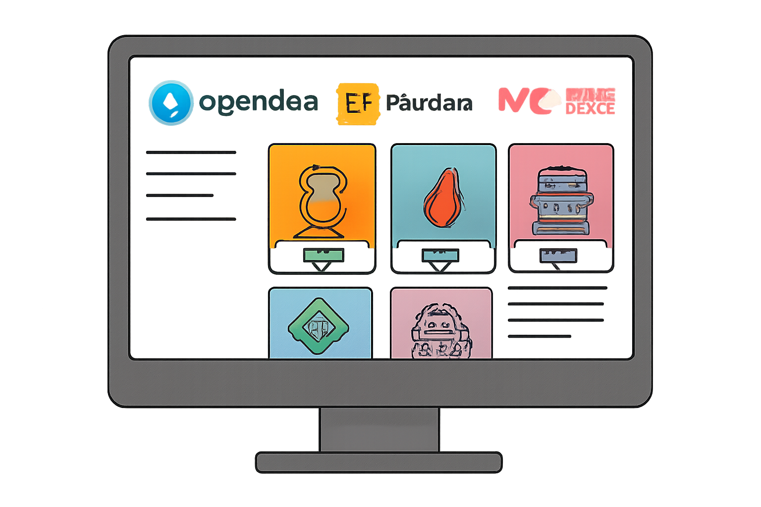 A computer screen displaying OpenSea, Rarible, and Magic Eden logos, with NFT cards visible on the interface
