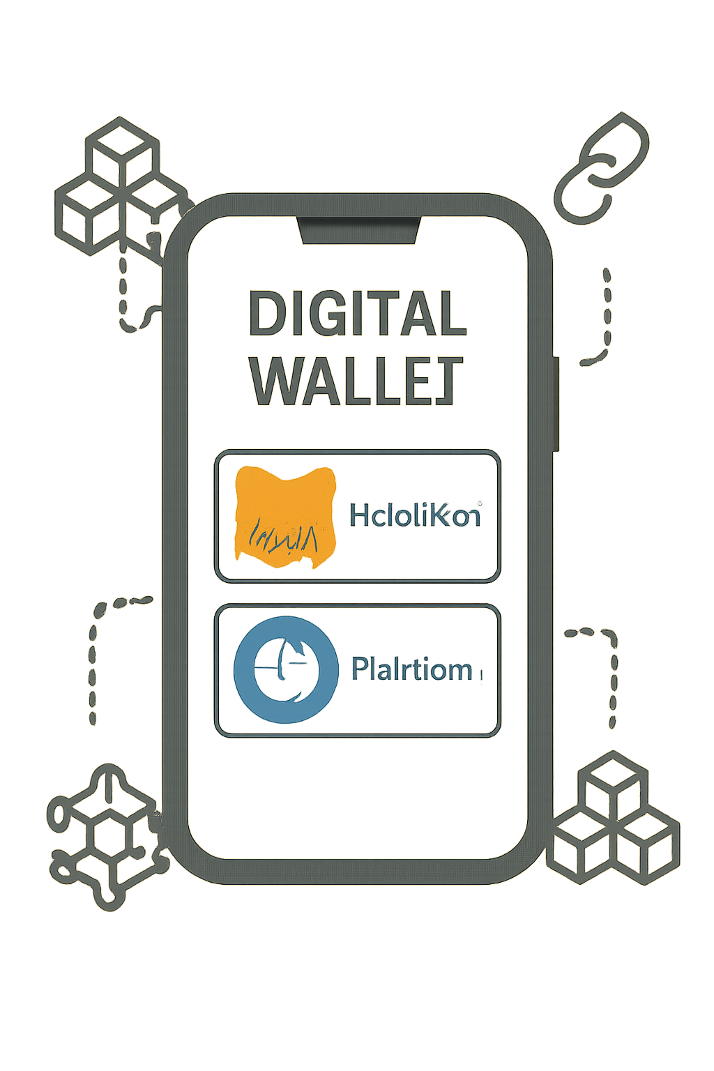 A digital wallet app open on a smartphone, showing MetaMask and Phantom logos, with stylized blockchain icons