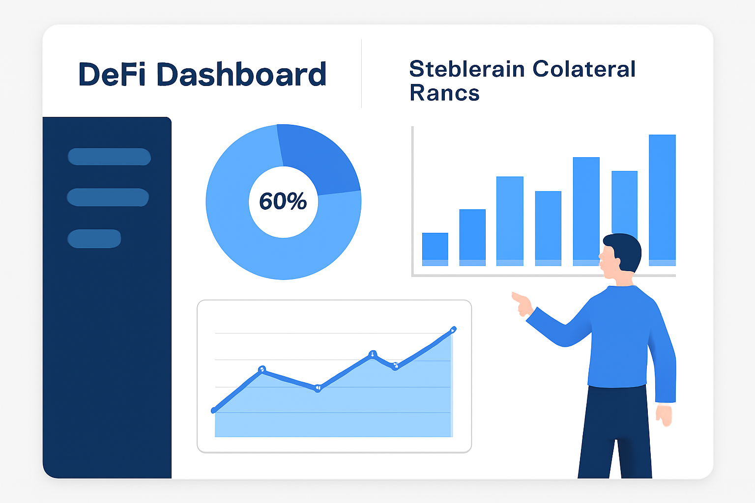 Clean DeFi dashboard interface with charts monitoring stablecoin collateral ratios, modern UI, blue tones