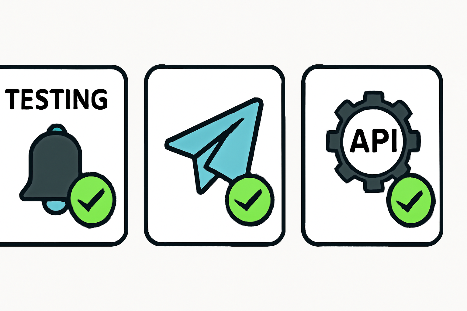 Testing interface with green checkmarks for alerts, Telegram, and API success