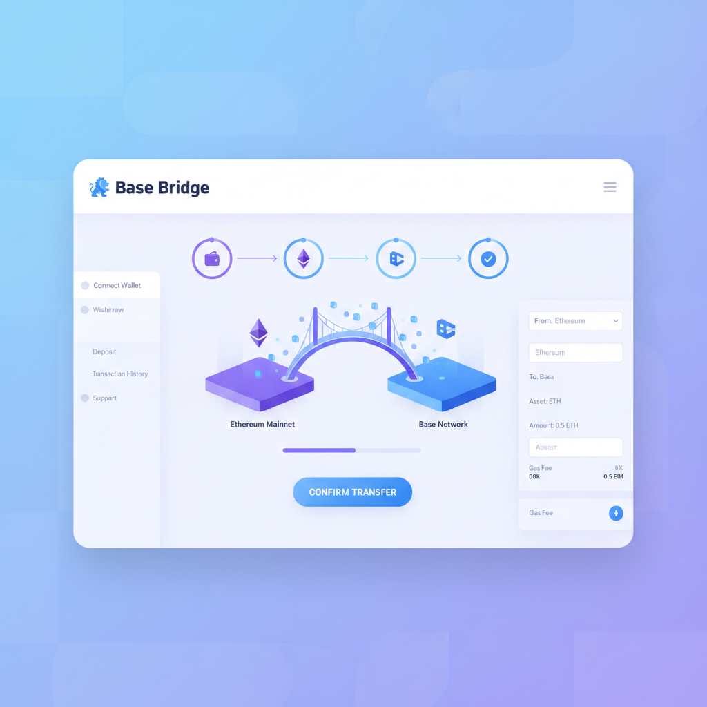 Official Base bridge website UI, funds transferring from Ethereum to Base, glowing bridge animation