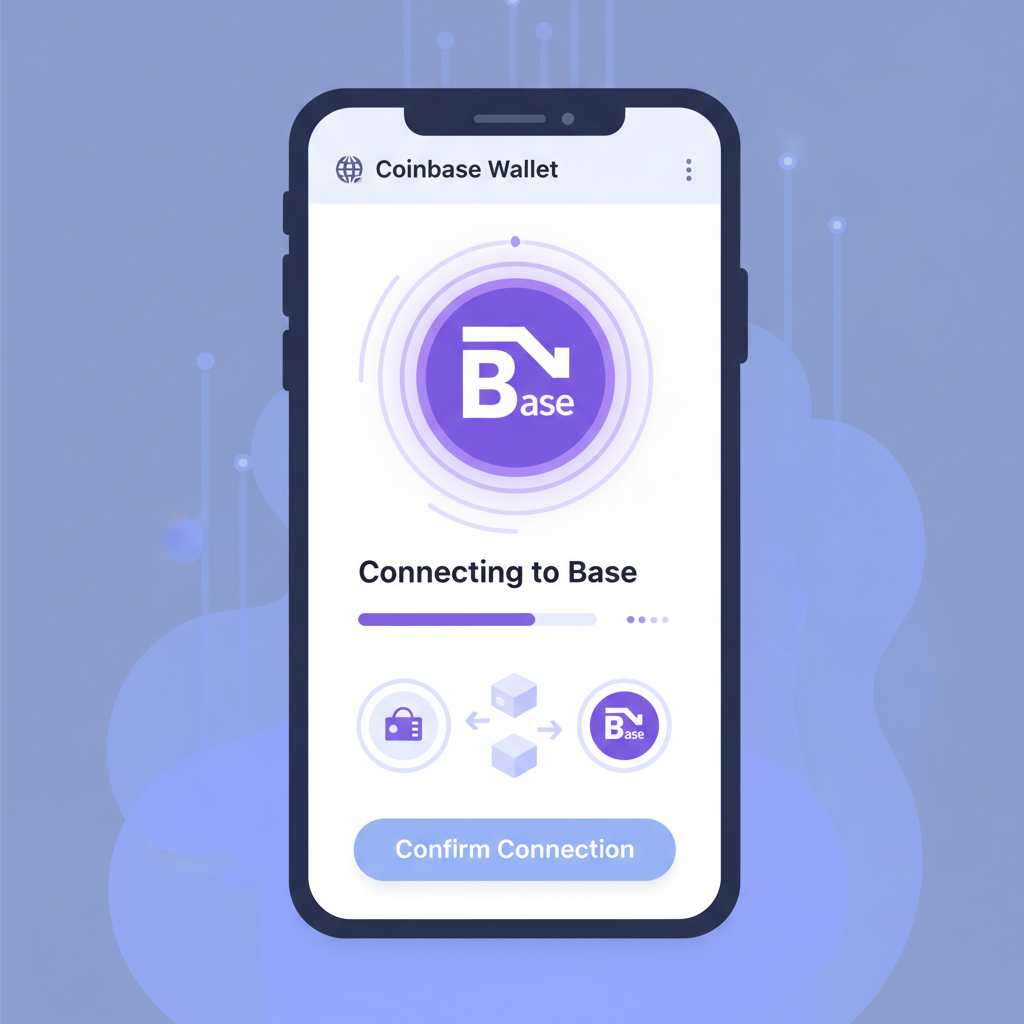 Coinbase Wallet app interface connecting to Base chain, vibrant purple Base logo, futuristic mobile screen