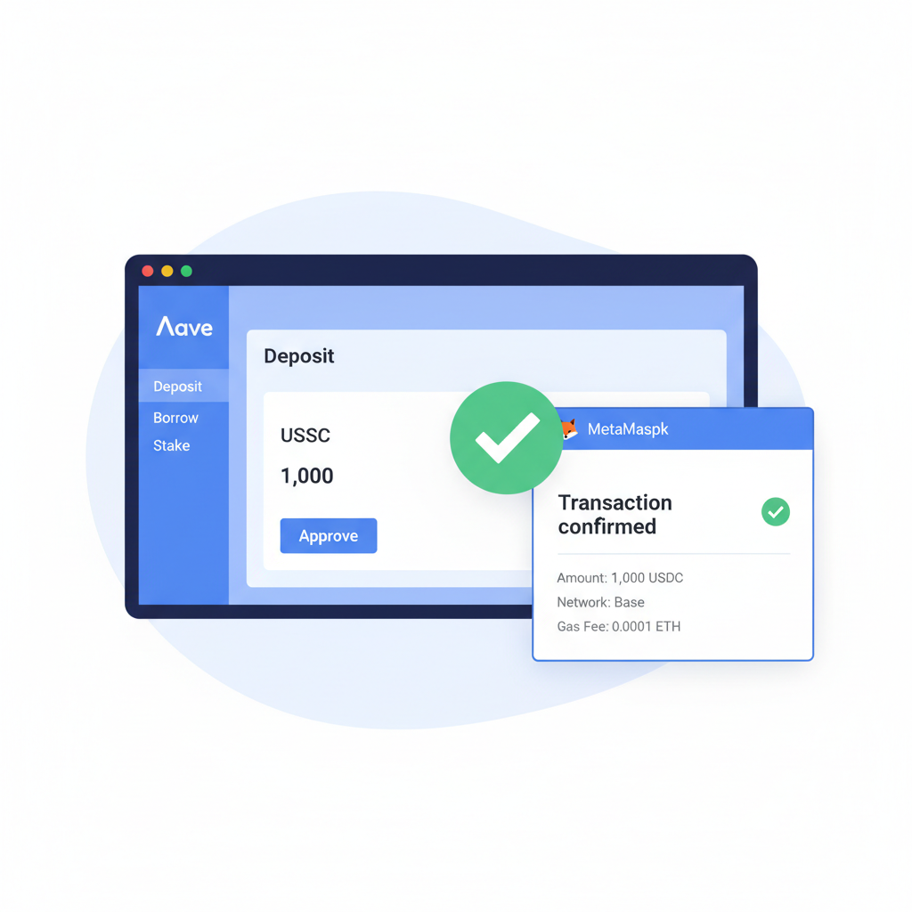 Aave deposit interface, approving USDC transaction on Base, green success checkmark, wallet popup
