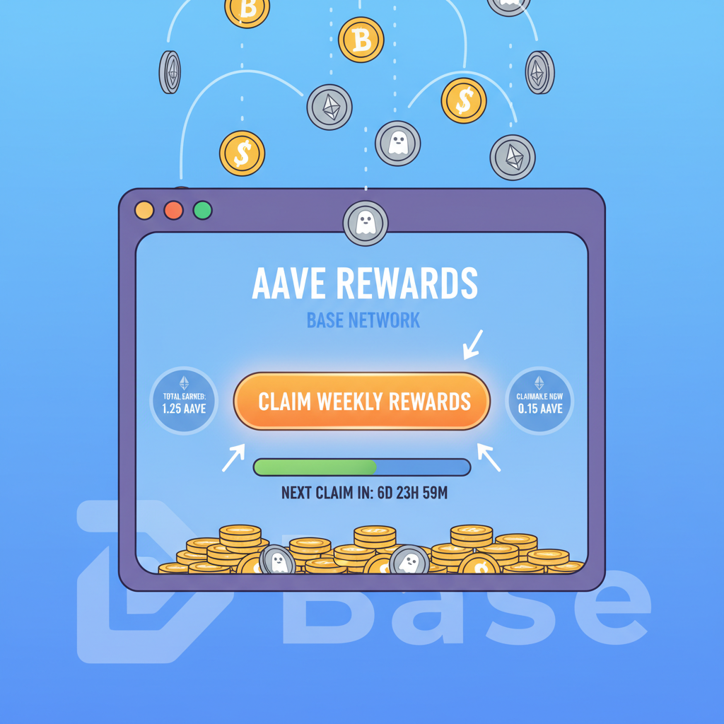 Aave rewards harvesting screen on Base, coins raining down, weekly claim button glowing