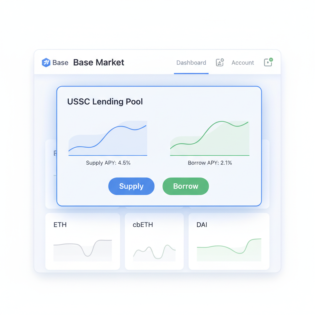 Aave app on Base chain, USDC lending pool highlighted, charts showing APY yields, clean DeFi UI