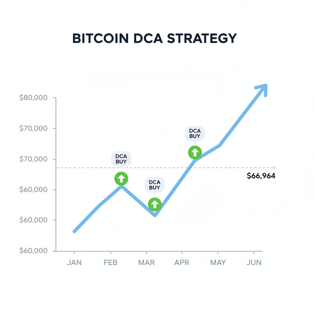 Bitcoin price chart showing DCA buys at $66,964 dip with upward trend