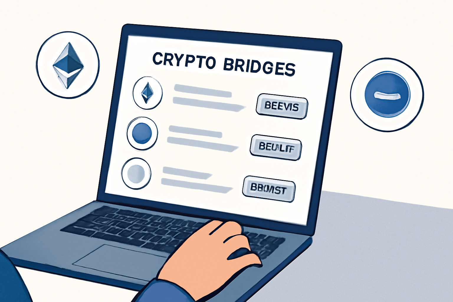 A user browsing a list of crypto bridges on a laptop, with Ethereum and Base logos visible, clean UI, modern style