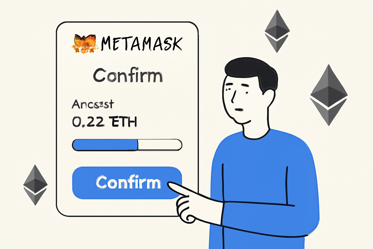 A user confirming a transaction in MetaMask, with a progress bar and Ethereum network icons, modern digital style