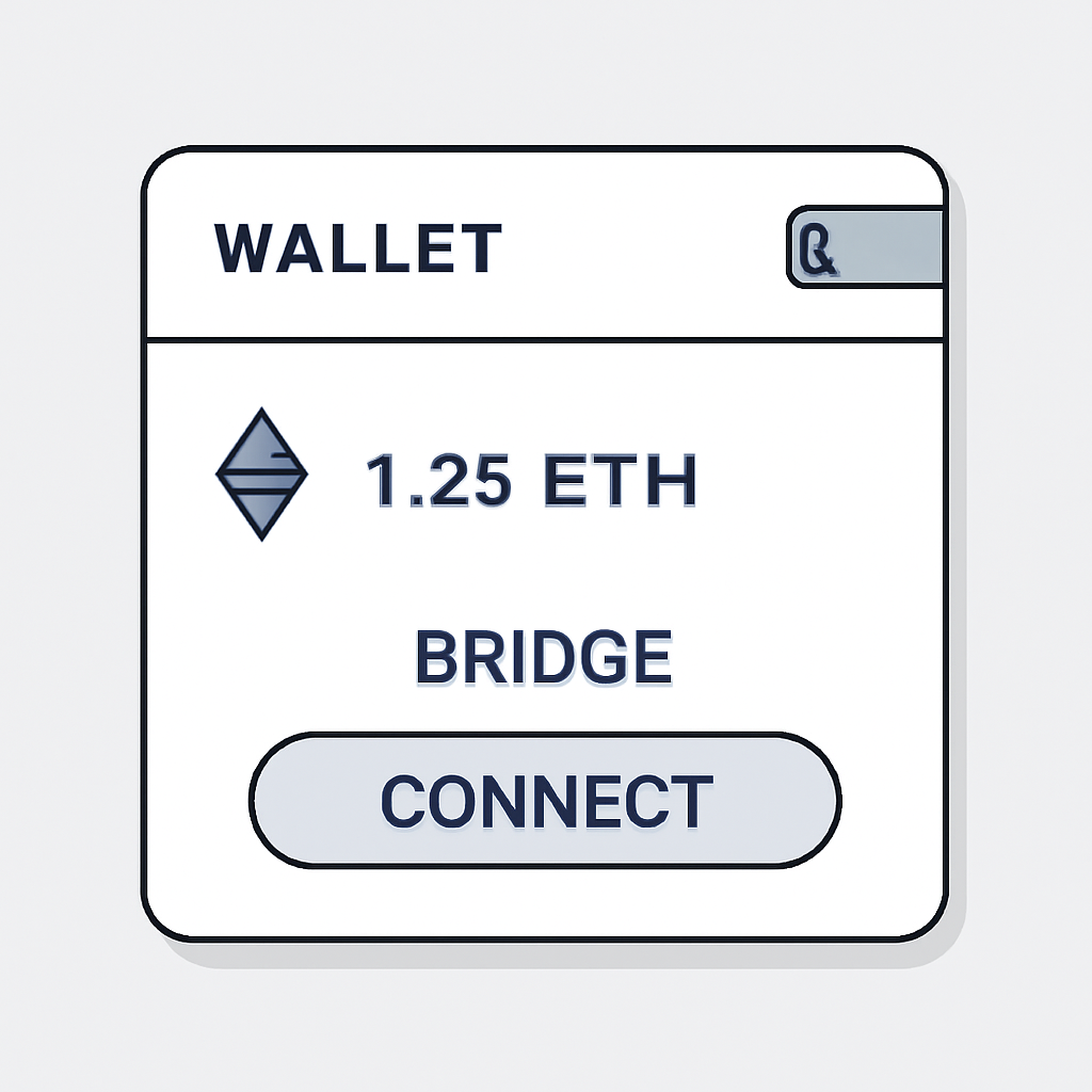 A digital wallet interface connecting to a bridge website, showing Ethereum balance and connect button, minimalist design