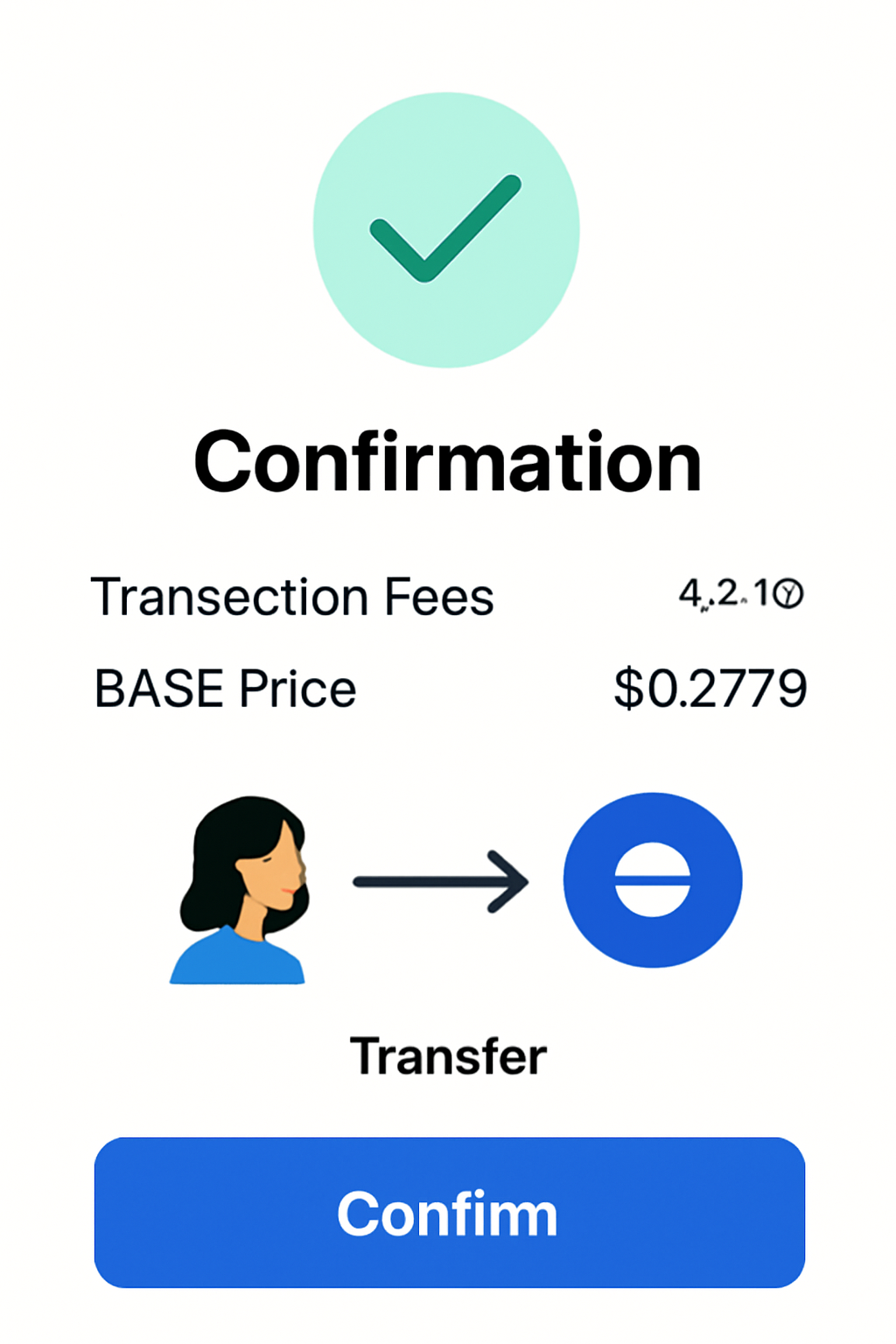 A confirmation screen showing transaction fees, BASE token price at $0.2779, and a summary of the transfer, clean design