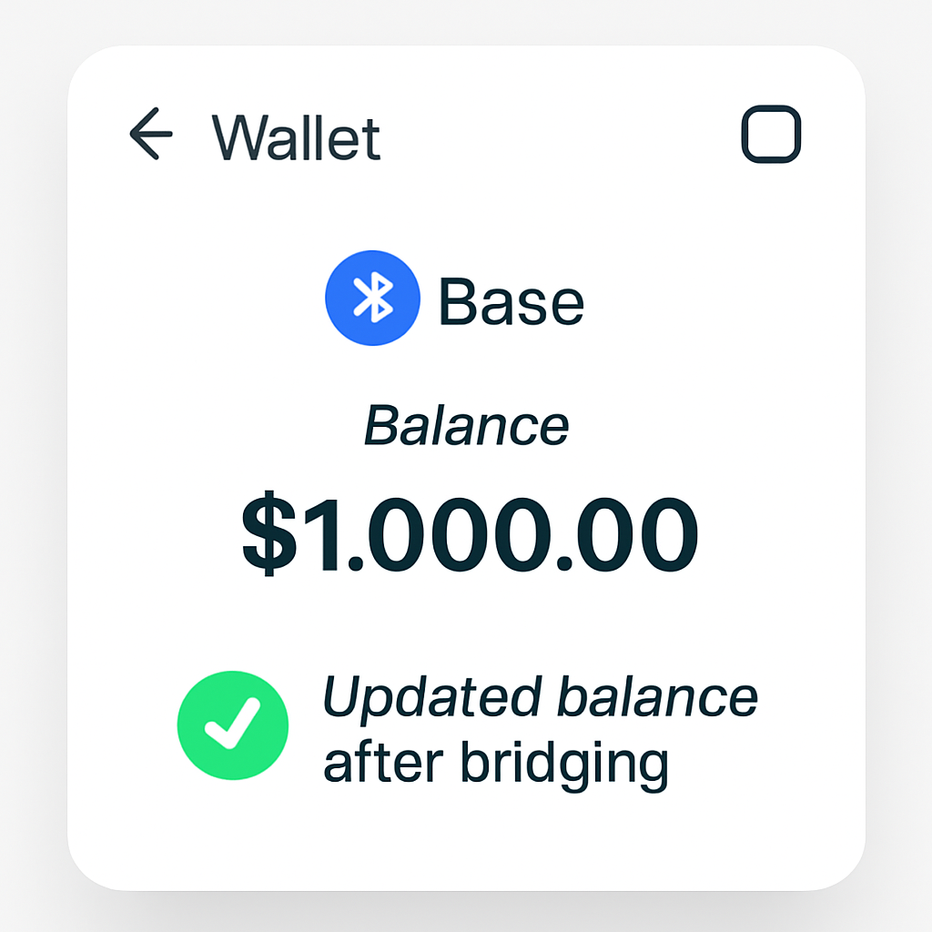 A wallet interface showing Base Network selected and updated balance after bridging, with a checkmark symbol, clean UI
