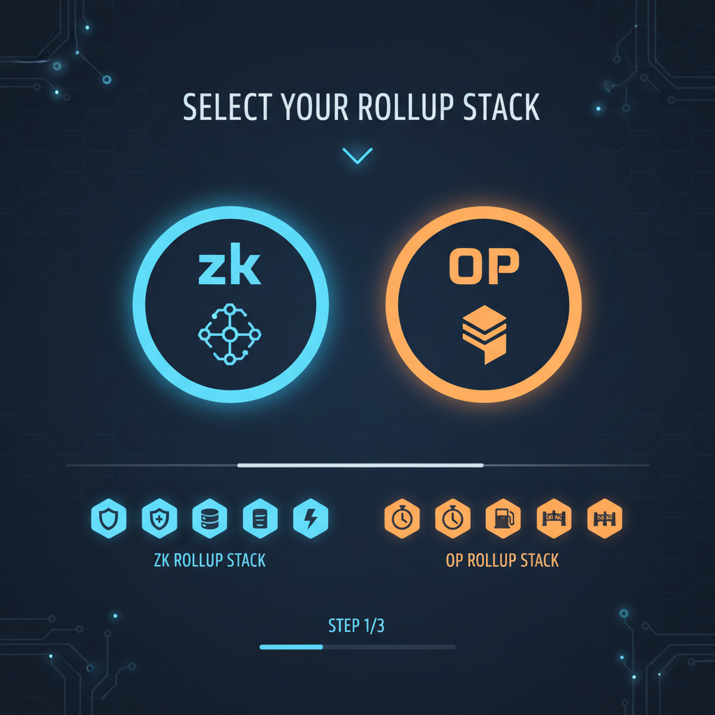 futuristic dashboard selecting zk or OP rollup stack, glowing buttons, blockchain icons