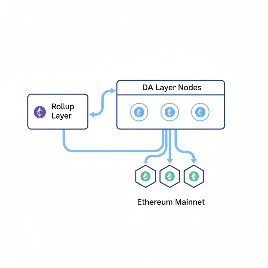 diagram connecting rollup to DA layer nodes, Ethereum icons linking, abstract network
