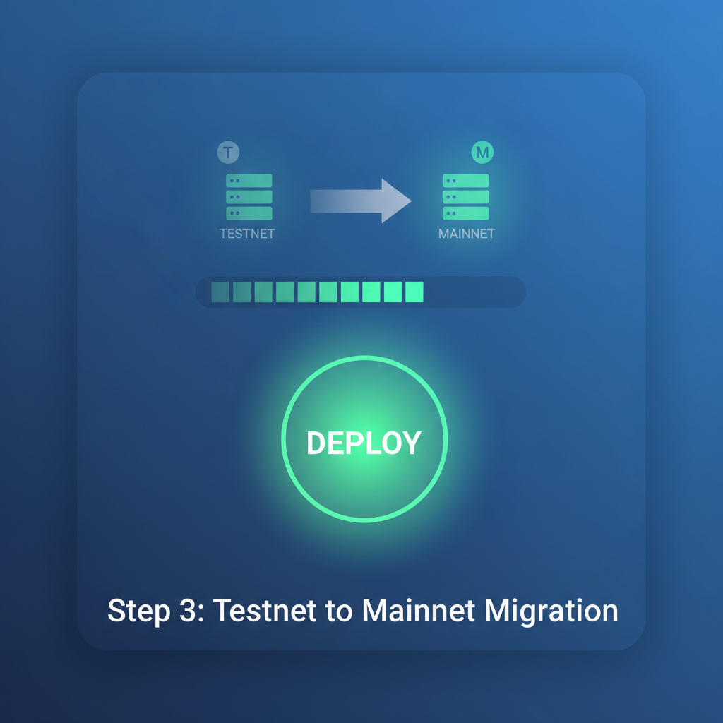 one-click deploy button glowing green, testnet to mainnet transition animation