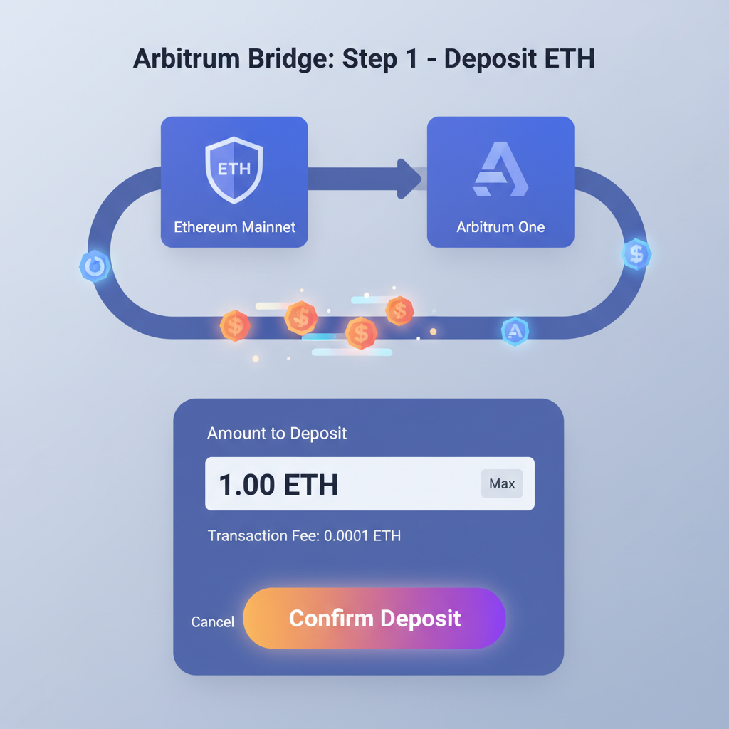user interface of Arbitrum bridge depositing ETH, glowing tokens transferring across chains