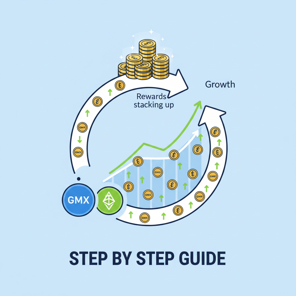 compounding loop arrow with GMX and ETH rewards stacking up, growth chart