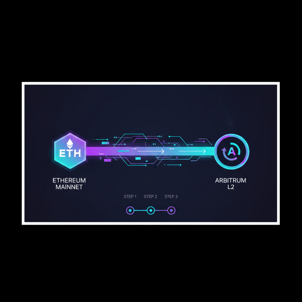sleek digital bridge connecting Ethereum mainnet to Arbitrum L2 network, neon blue tones, futuristic