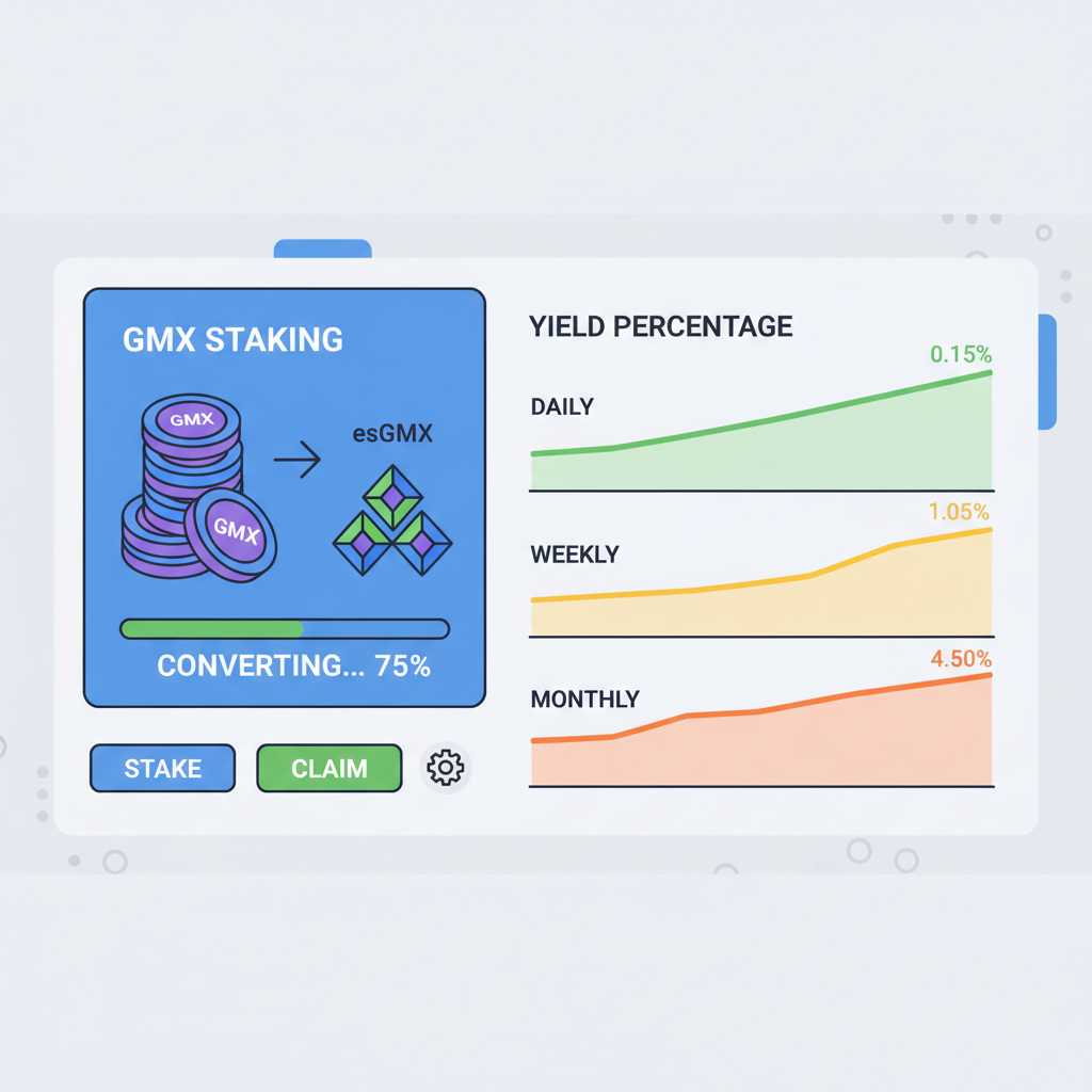 staking dashboard with GMX tokens converting to esGMX, yield percentage graphs rising