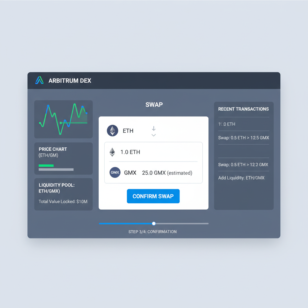 DEX trading interface swapping ETH for GMX tokens on Arbitrum, charts and liquidity pools