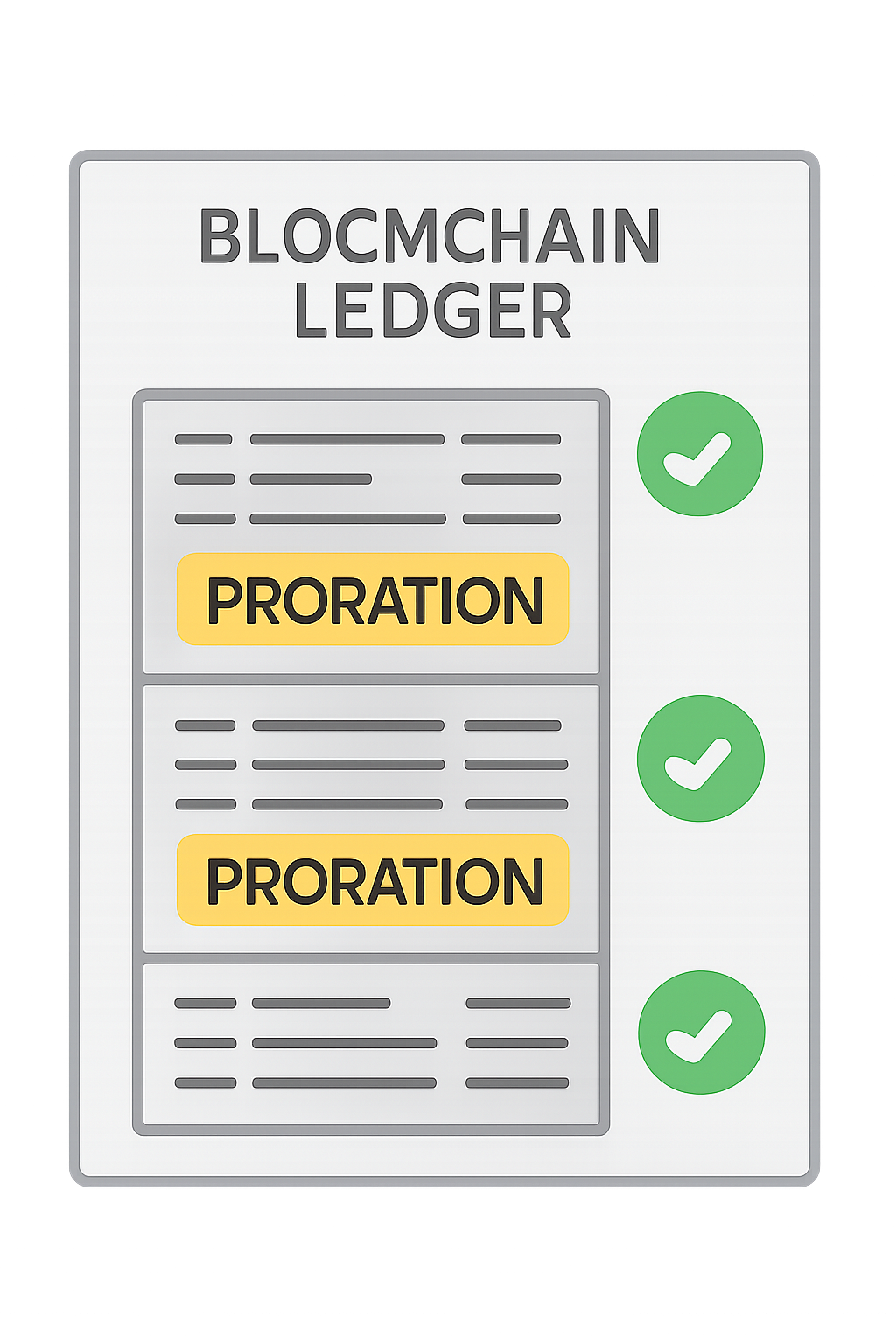 A transparent blockchain ledger with highlighted proration transactions and audit checkmarks.