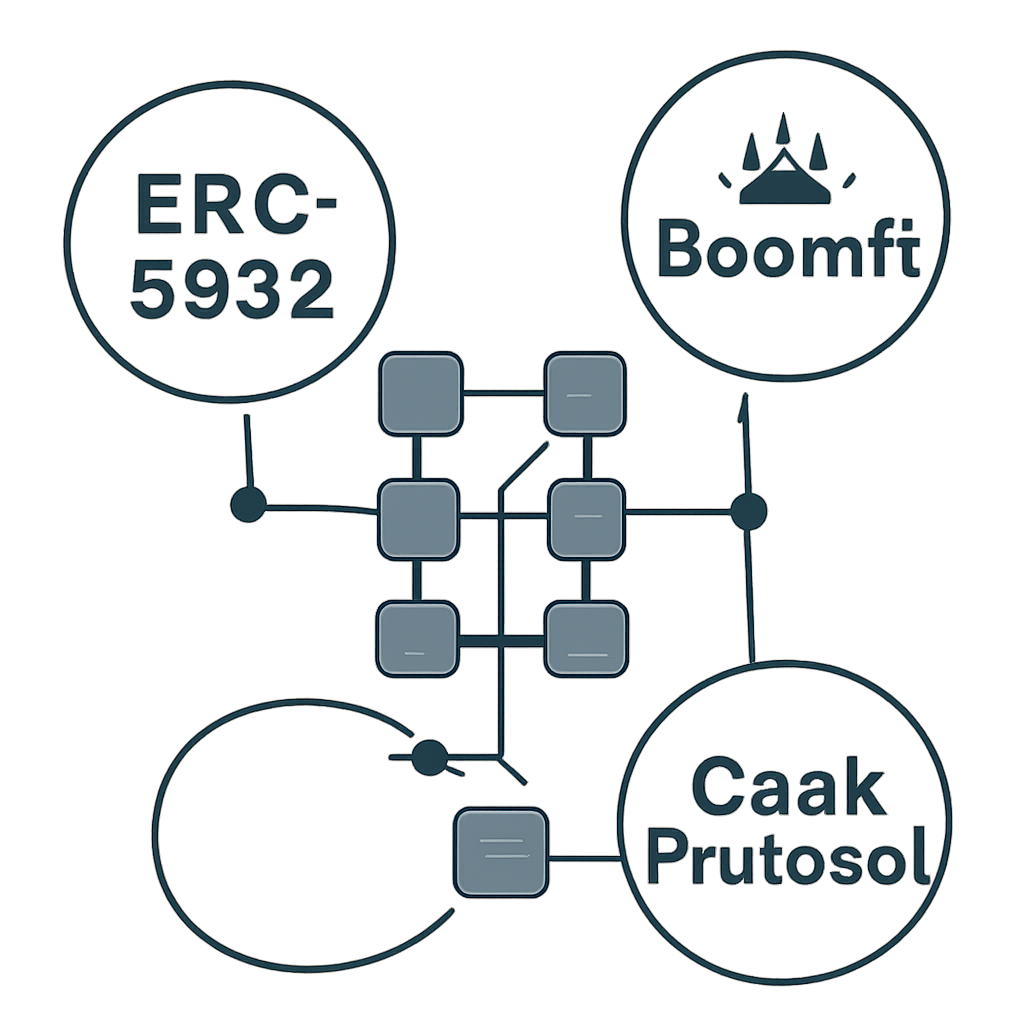 Logos of ERC-6932, BoomFi, and Cask Protocol connected to a blockchain network, symbolizing integration.